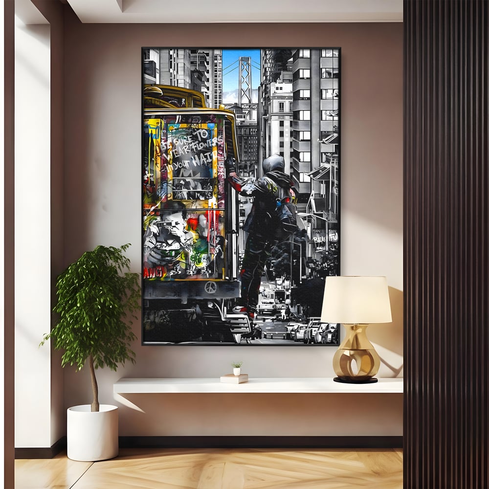 Tablou canvas cu ilustratie urbana cu un tramvai si un calator, in rama de aluminiu negru